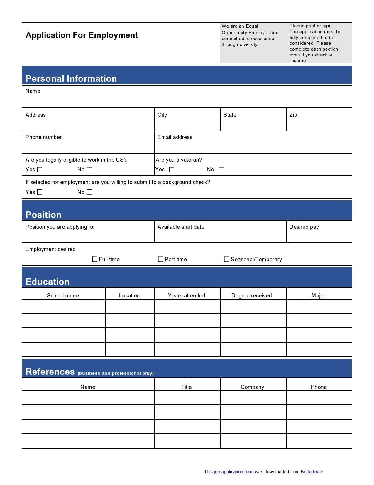 Free Job Application Forms Printable