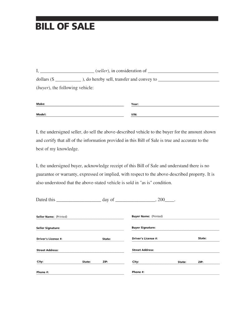 Free Printable Blank Bill Of Sale For Vehicle