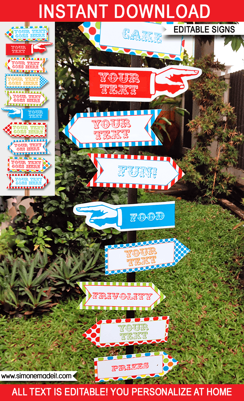 Carnival Directional Signs Arrows Templates Circus Theme Birthday Party