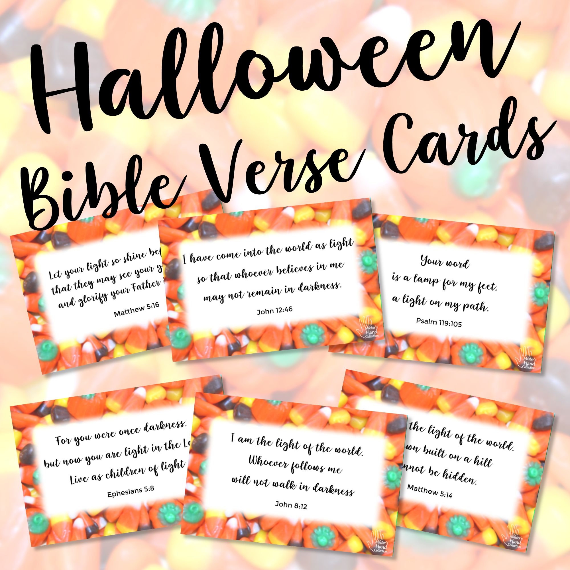 Christian Halloween Bible Verse Cards For Candy Religious Halloween Scripture Cards Candy Corn Jesus Bible Study Devotional Etsy