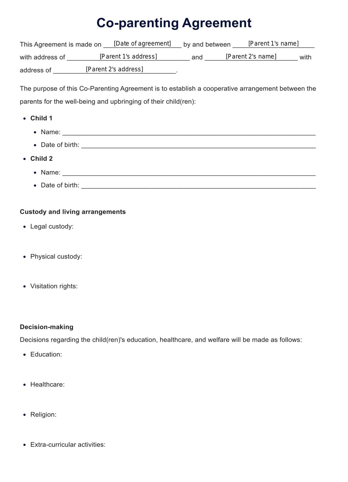 Co Parenting Agreement Templates Example Free PDF Download