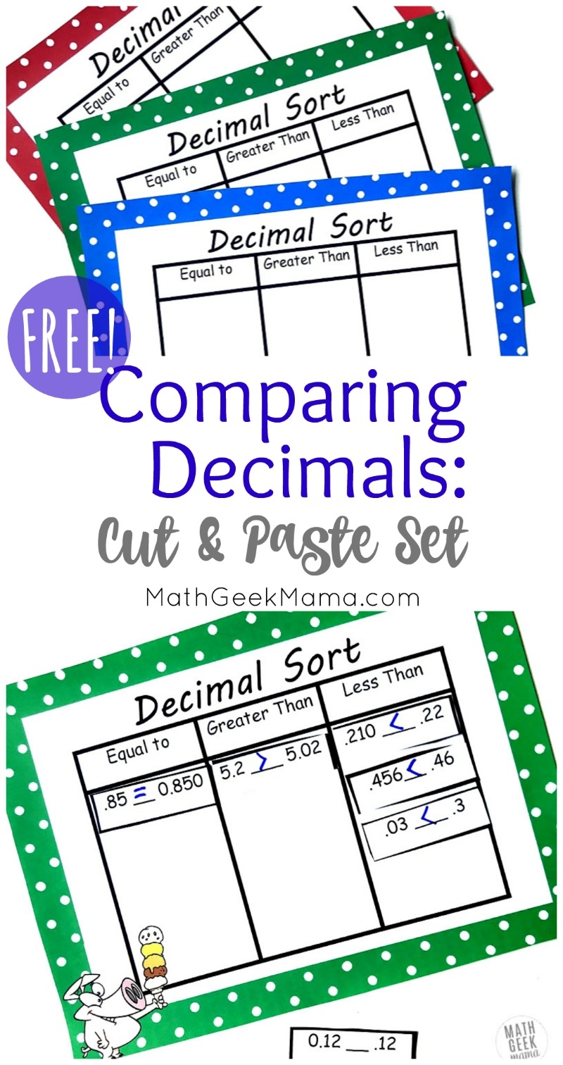 Compare Decimals Cut Paste Sort FREE 