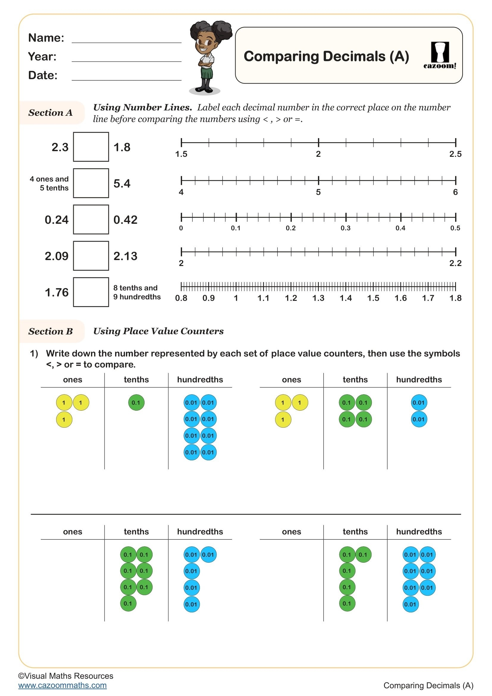 Comparing Decimals A Printable PDF Year 4 Fractions Worksheet