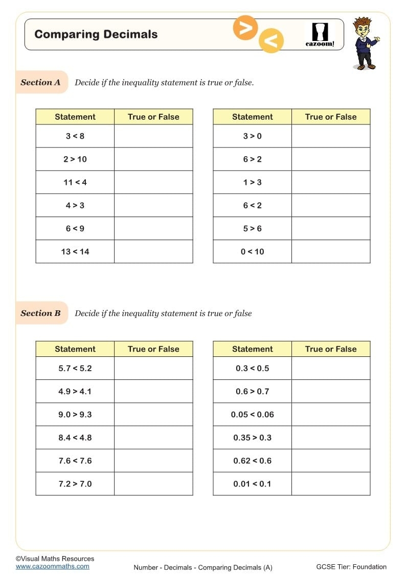 Comparing Decimals Worksheet PDF Printable Worksheet