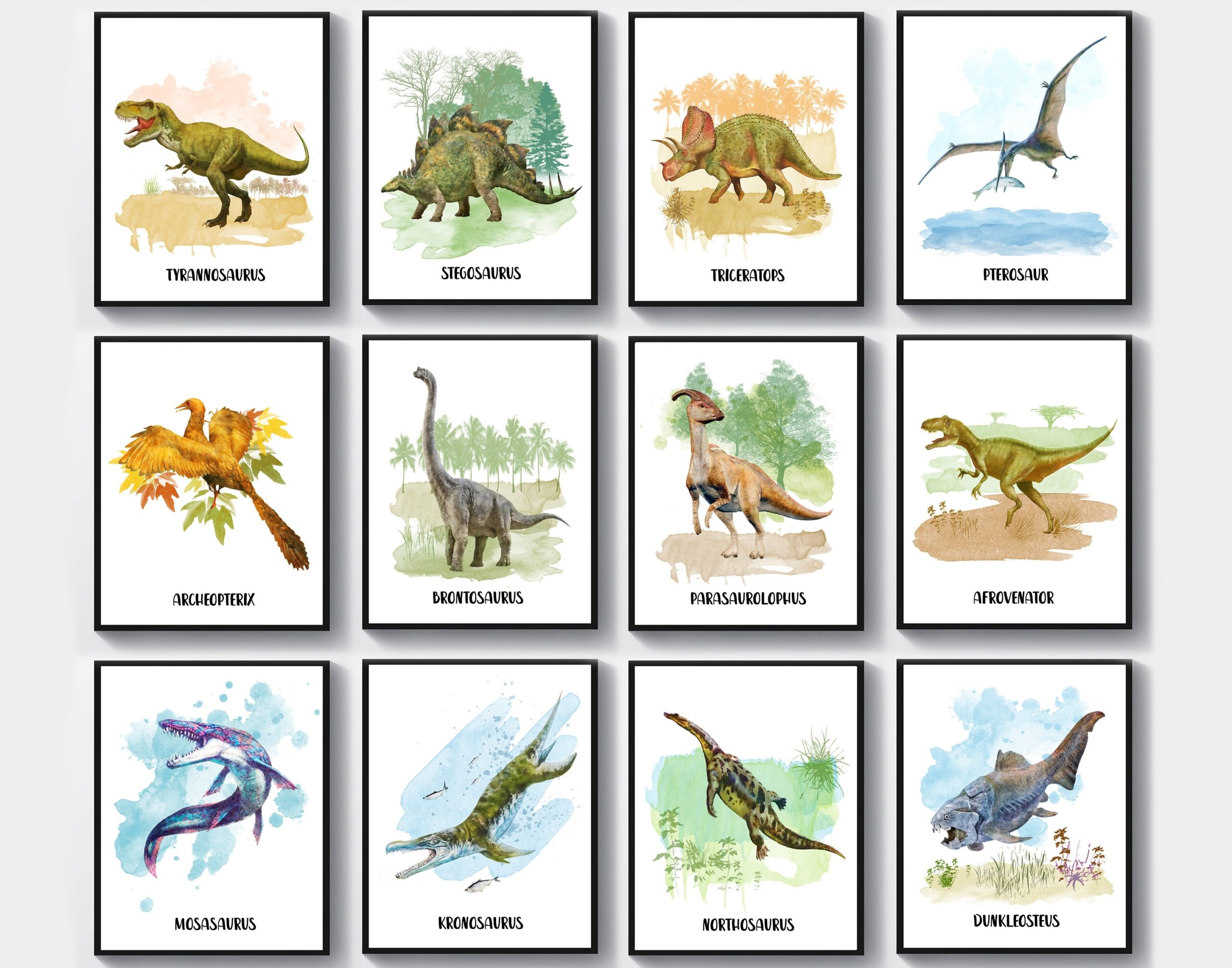 Dinosaurs Names Poster Set Of 12 Jurassic Dinosaur Art Watercolor Dinosaur Print T rex Triceratops Stegosaurus Brontosaurus Kids Room Etsy