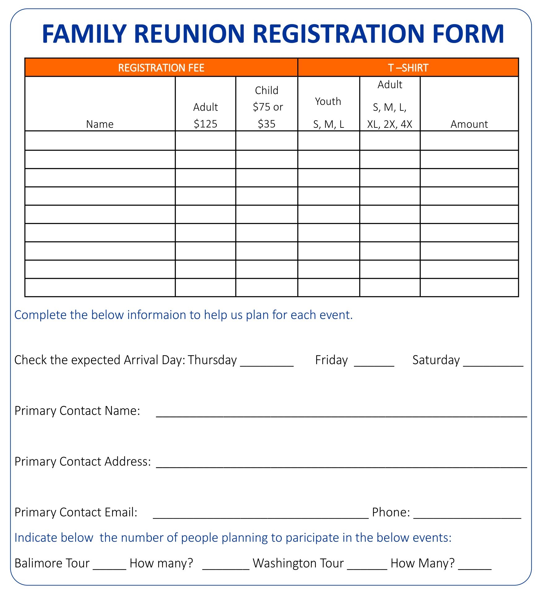 Free Printable Family Reunion Registration Forms