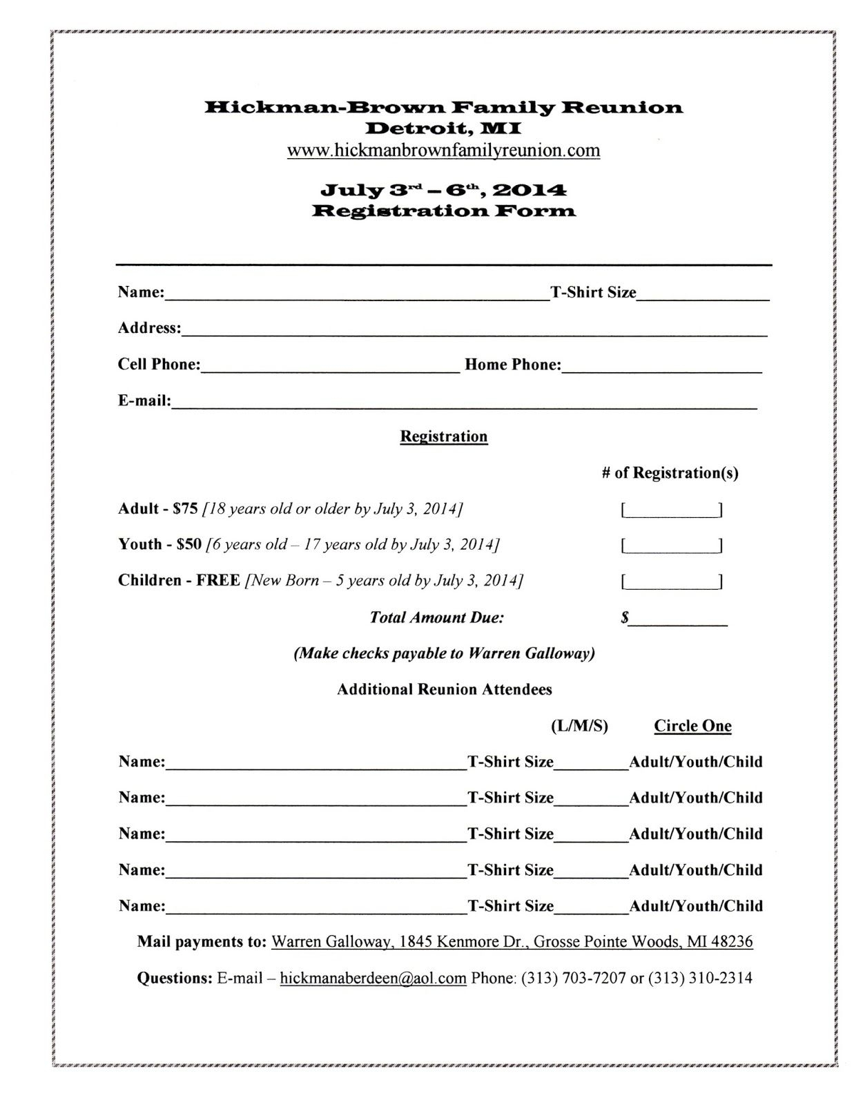 Family Reunion Registration Form