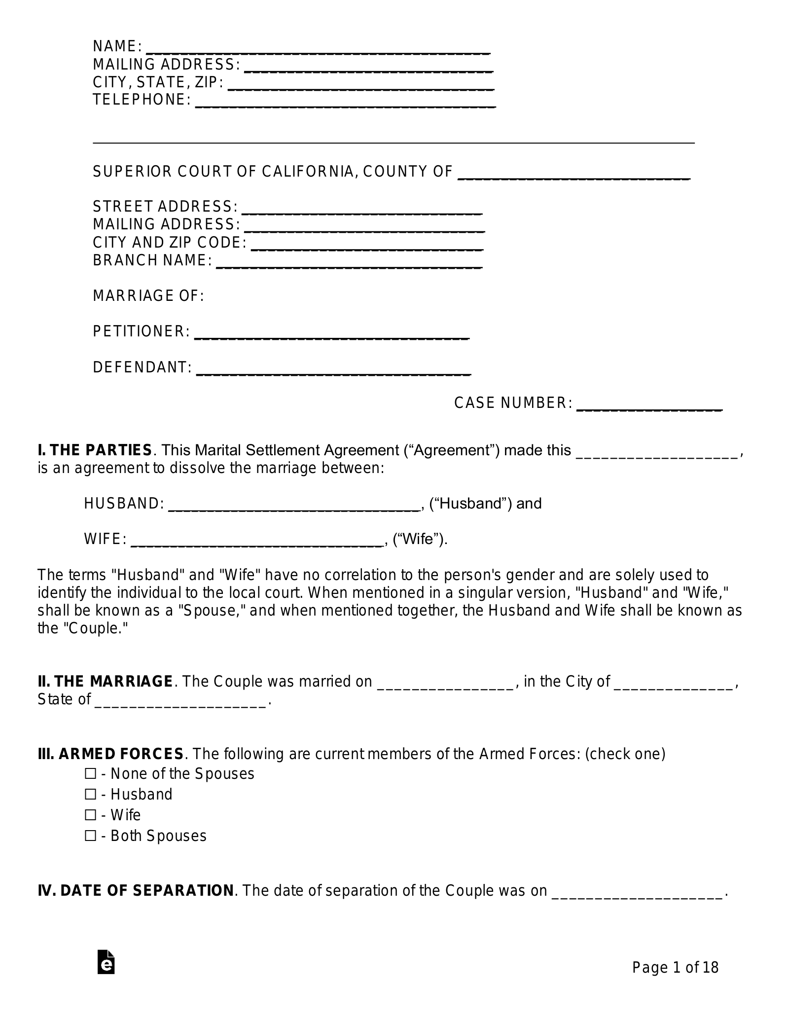 Free California Marital Settlement Divorce Agreement PDF Word EForms