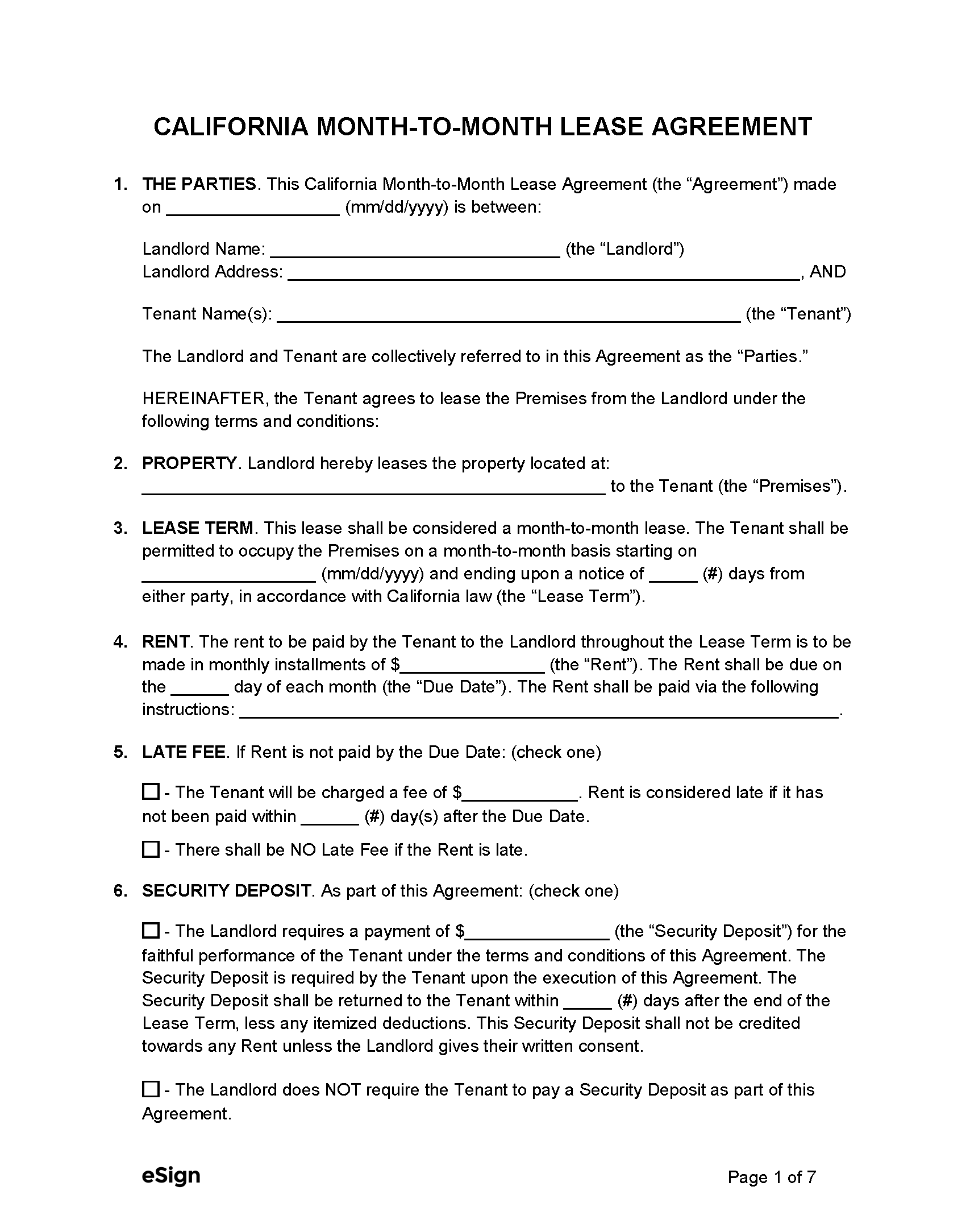 Free Printable Monthly Lease Agreement