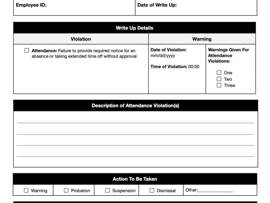 Free Employee Write Up Forms And Templates Download Print In Office GDocs