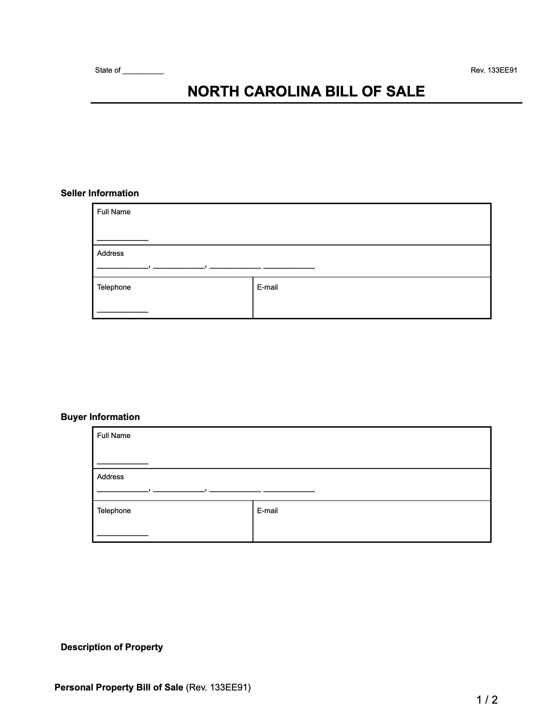 Free North Carolina Bill Of Sale Forms PDF Word