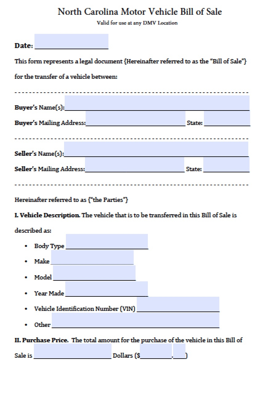 Free Printable Nc Vehicle Bill Of Sale