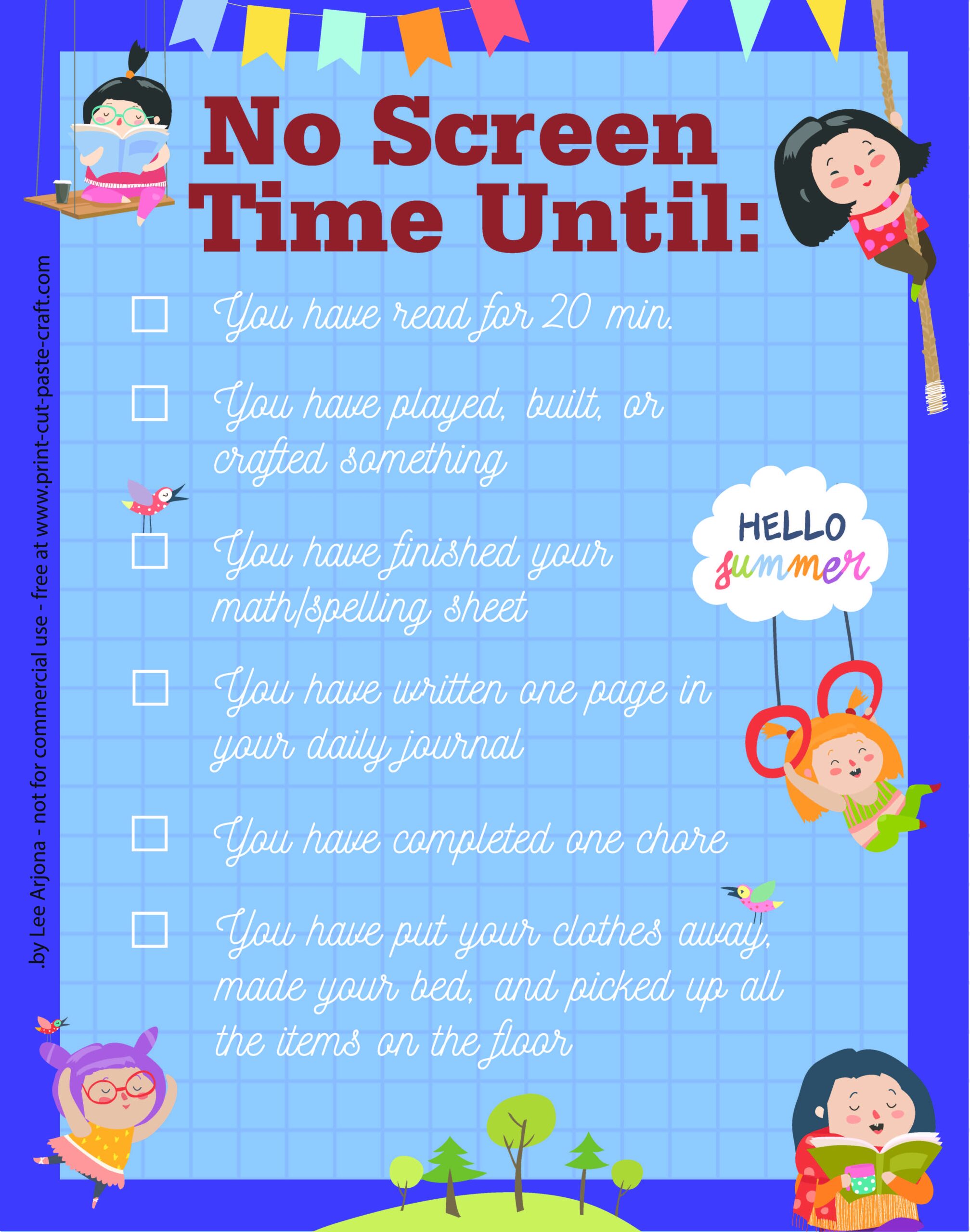 Free Printable Summer Break No Screen Time Until Poster Print Cut Paste Craft 