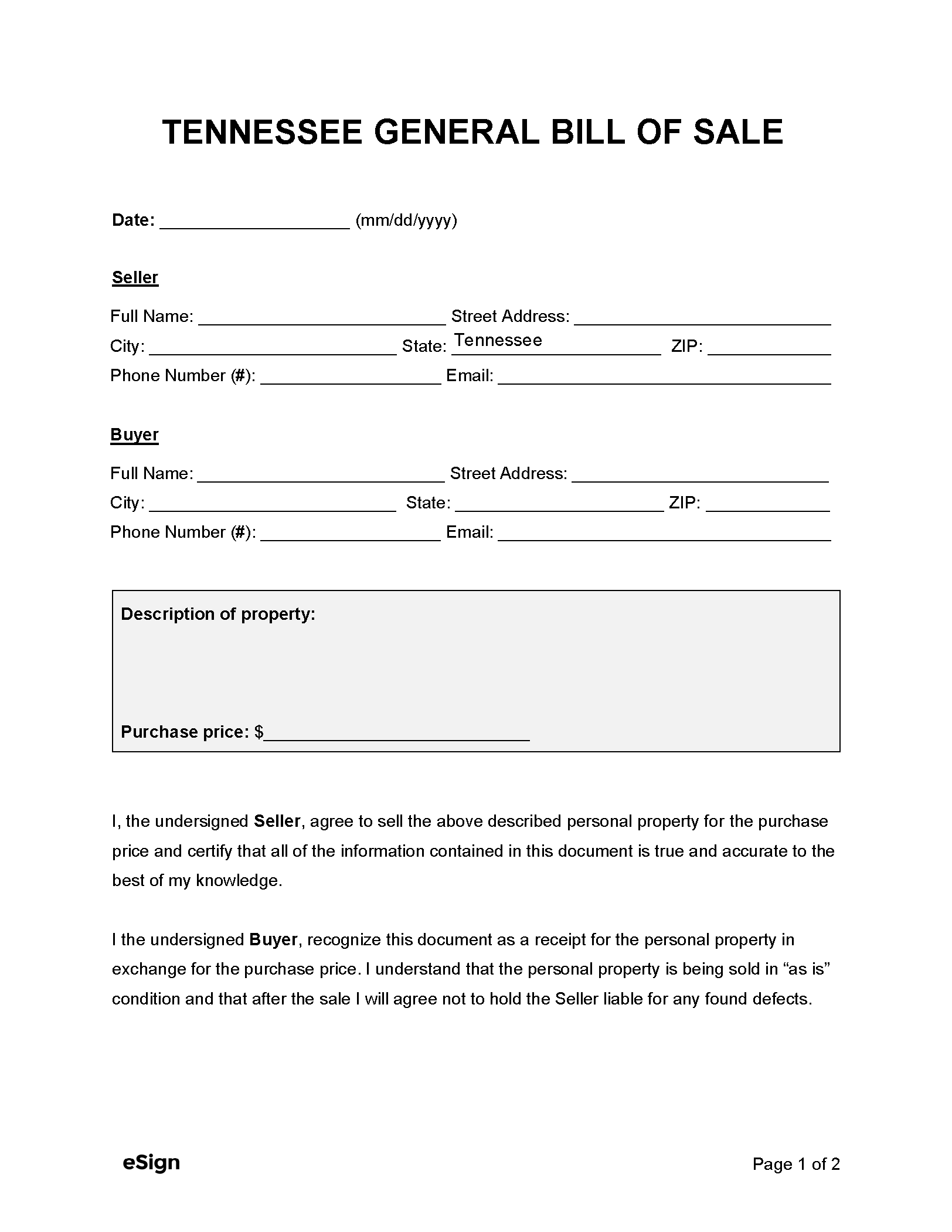 Free Tennessee General Bill Of Sale Form PDF Word