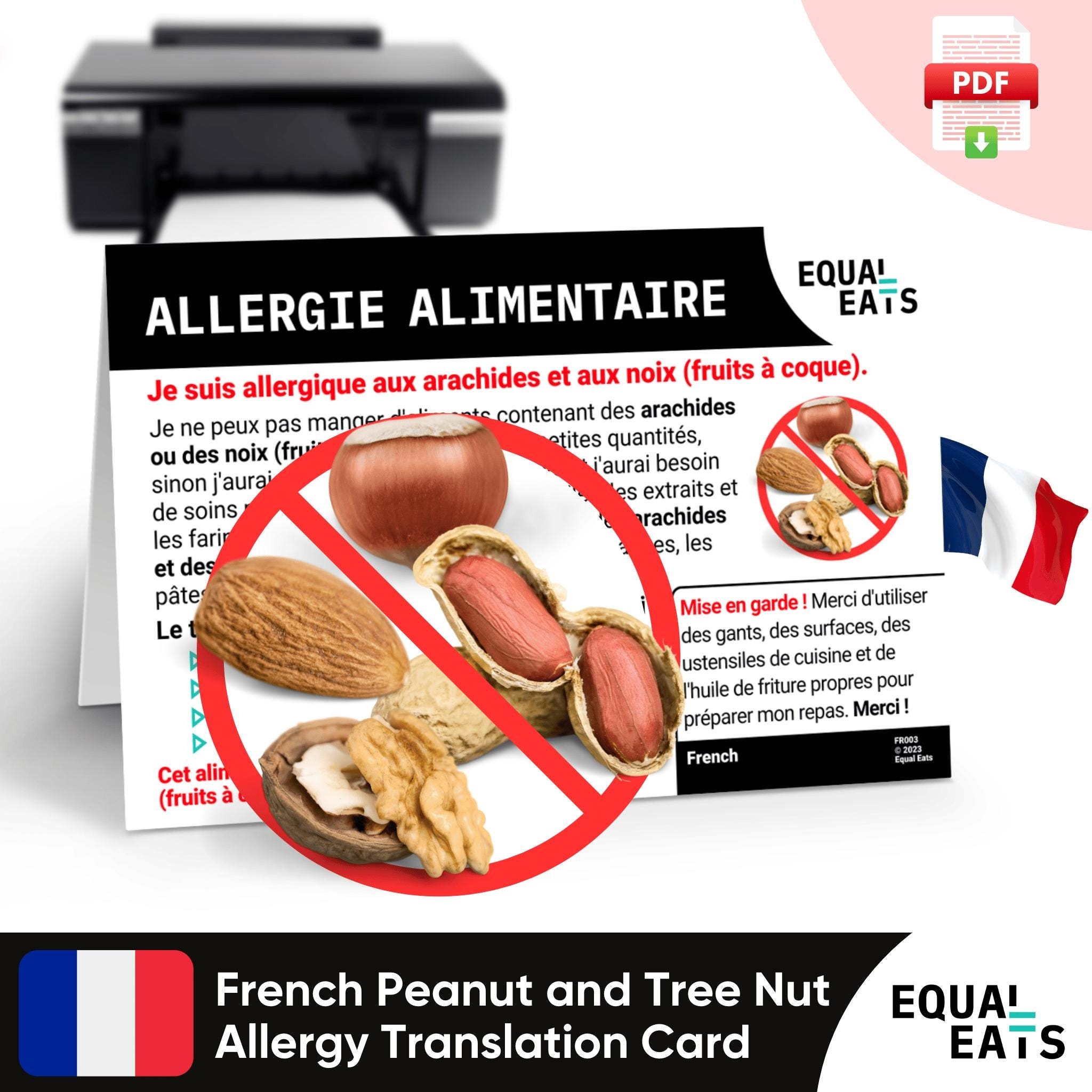 French Peanut And Tree Nut Allergy Translation Card Instant PDF Digital Download Eat Safe In France Equal Eats Medical ID Card Etsy