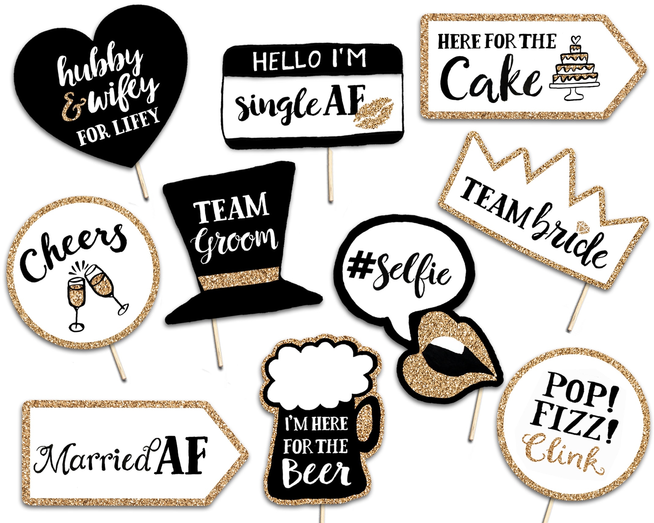 Funny Wedding Printable Photo Booth Props 10 Gold Signs Hand Lettering Wedding Decorations Adult Alcohol Drinking Party Photobooth Etsy
