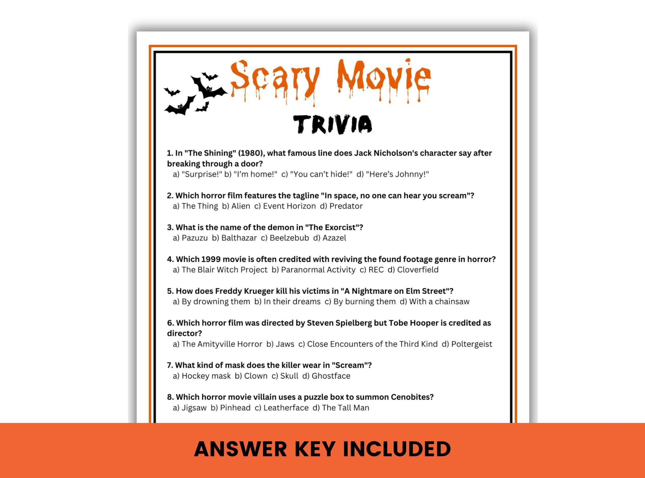 Halloween Movie Trivia Game Printable Halloween Trivia Night Halloween Movie Quiz With Answers Scary Movie Trivia Game Halloween Games Etsy