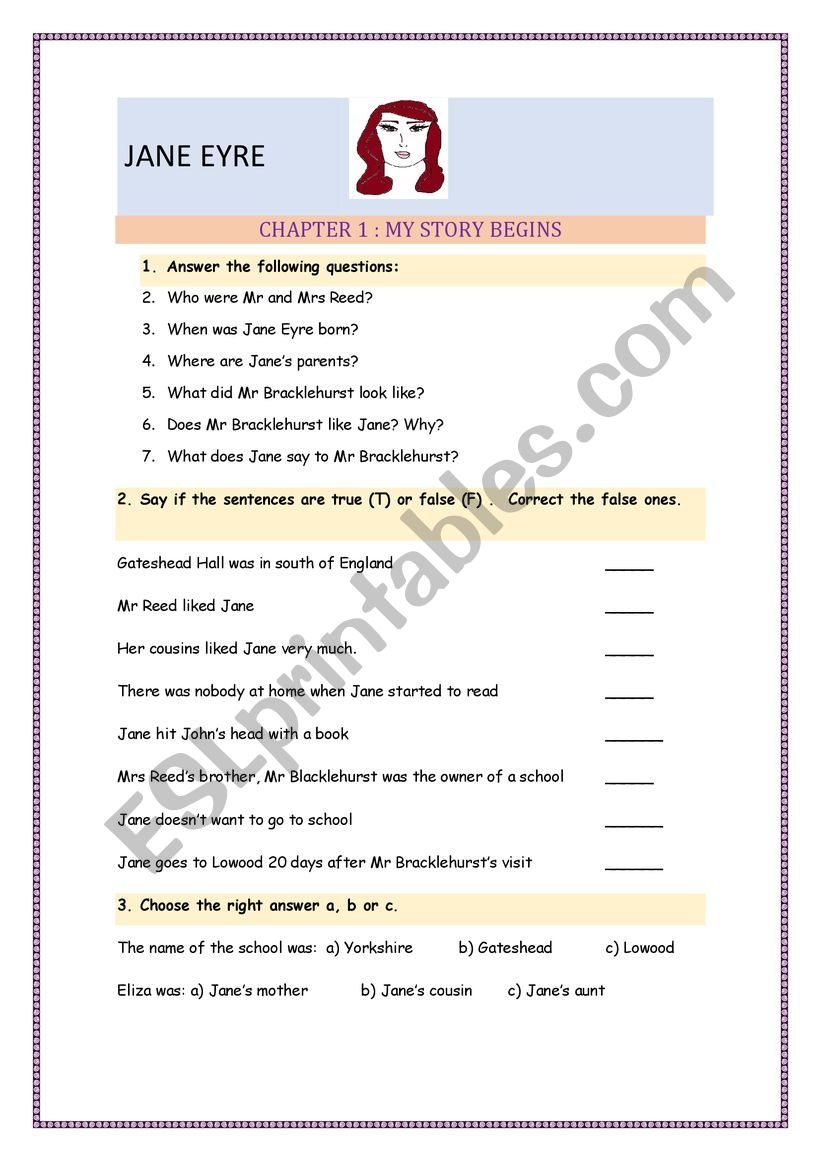 JANE EYRE READER FOR BEGINNERS Link To The Book And Worksheet For 1 Chapter ESL Worksheet By Rosahi