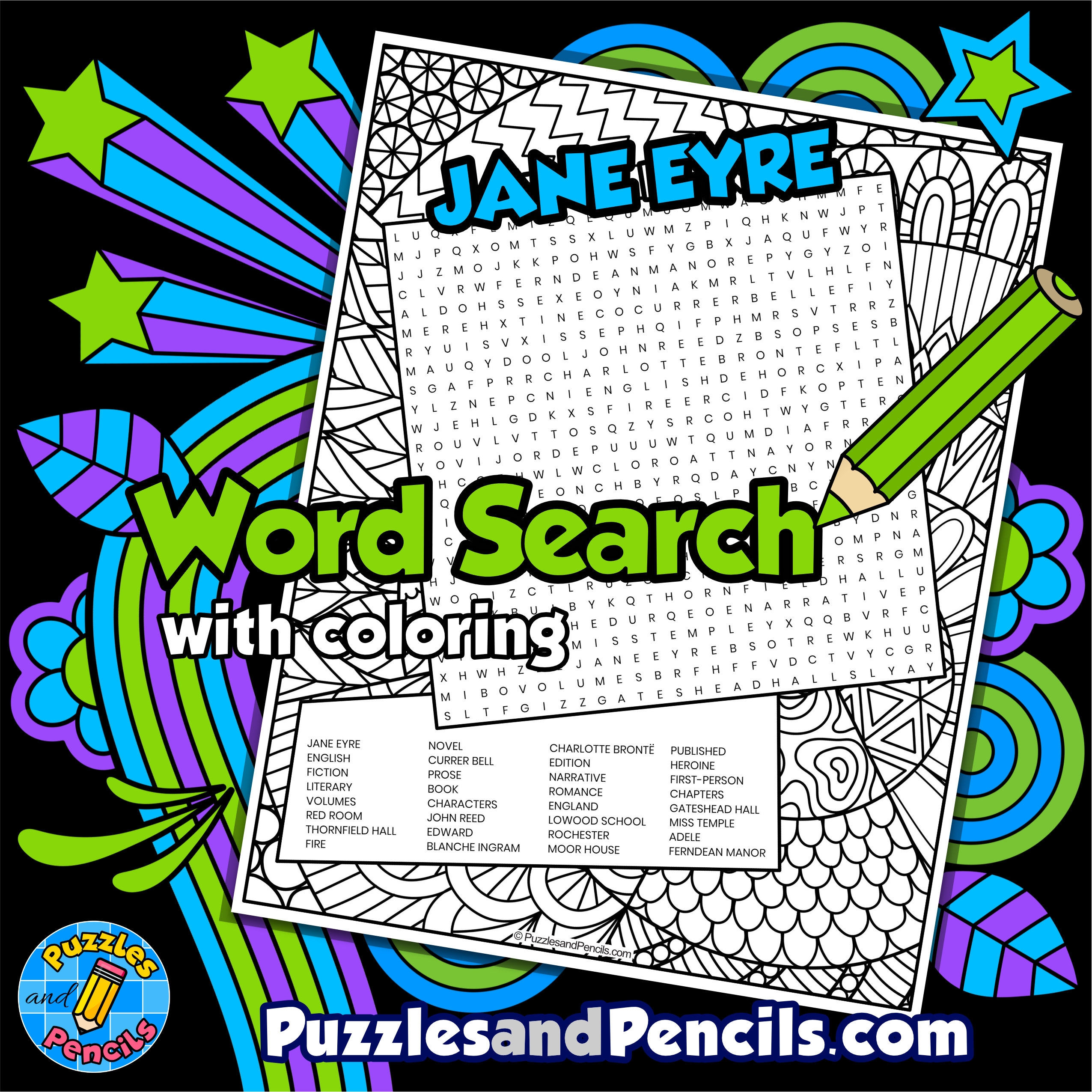 Jane Eyre Word Search Puzzle Activity Page With Coloring Charlotte Bronte Wordsearch Made By Teachers