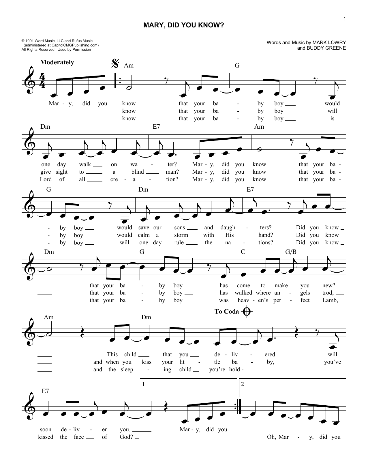 Mary Did You Know By Mark Lowry Sheet Music For Easy Lead Sheet Fake Book At Sheet Music Direct