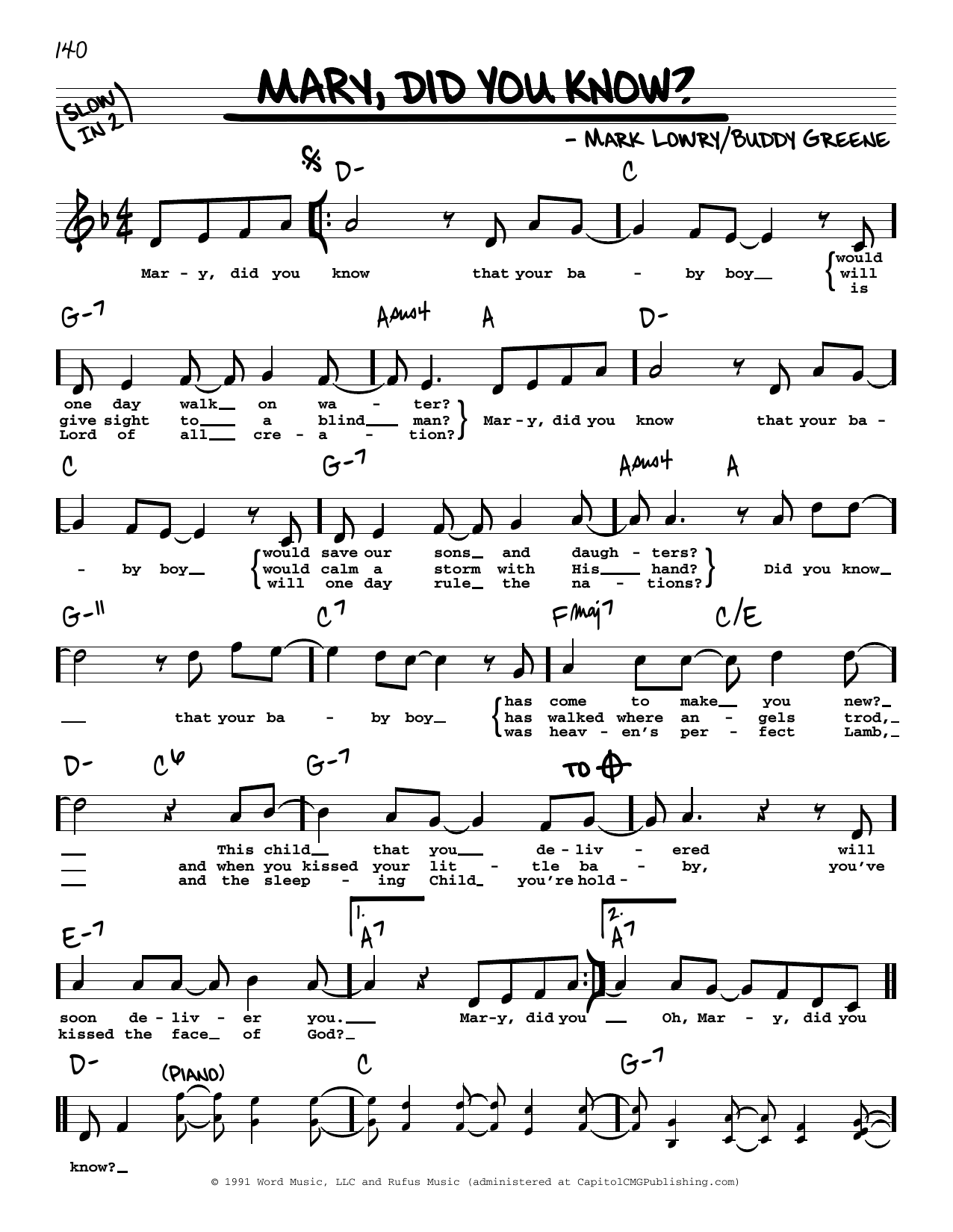 Mary Did You Know By Mark Lowry Sheet Music For Real Book Melody Lyrics Chords At Sheet Music Direct