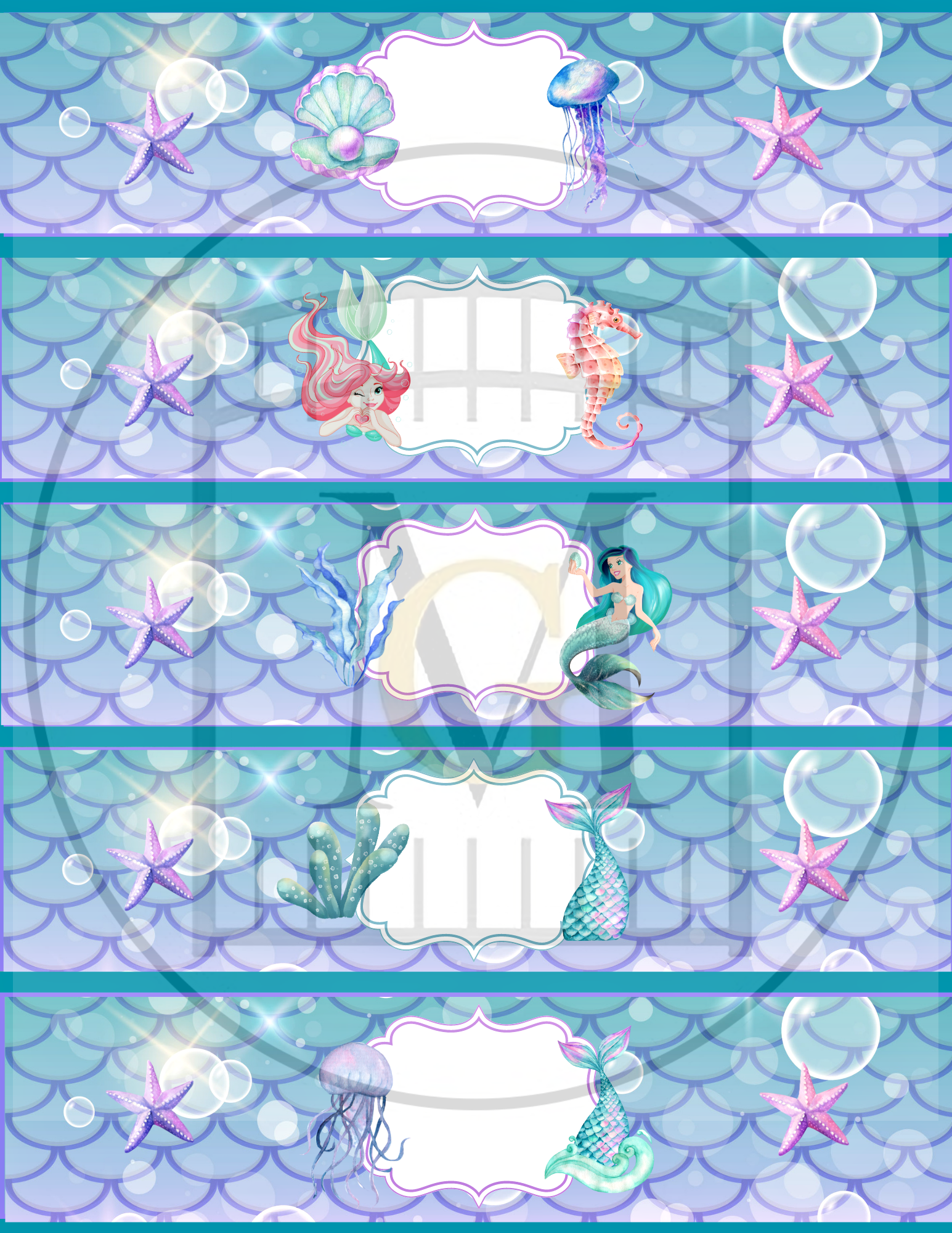 Mermaid Birthday Water Bottle EDITABLE Label Major Gates