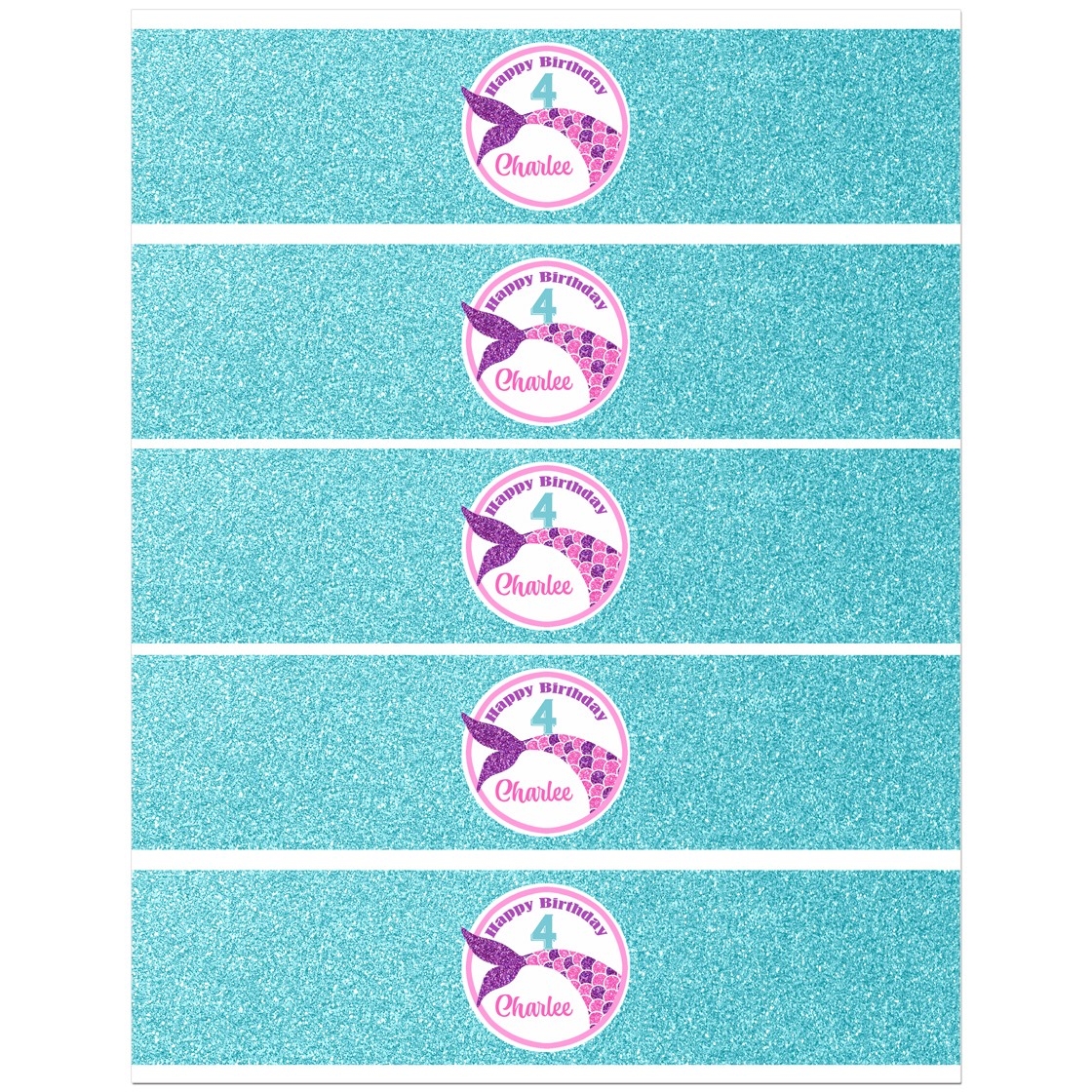 Mermaid Personalized Water Bottle Labels Pink And Purple Sparkle