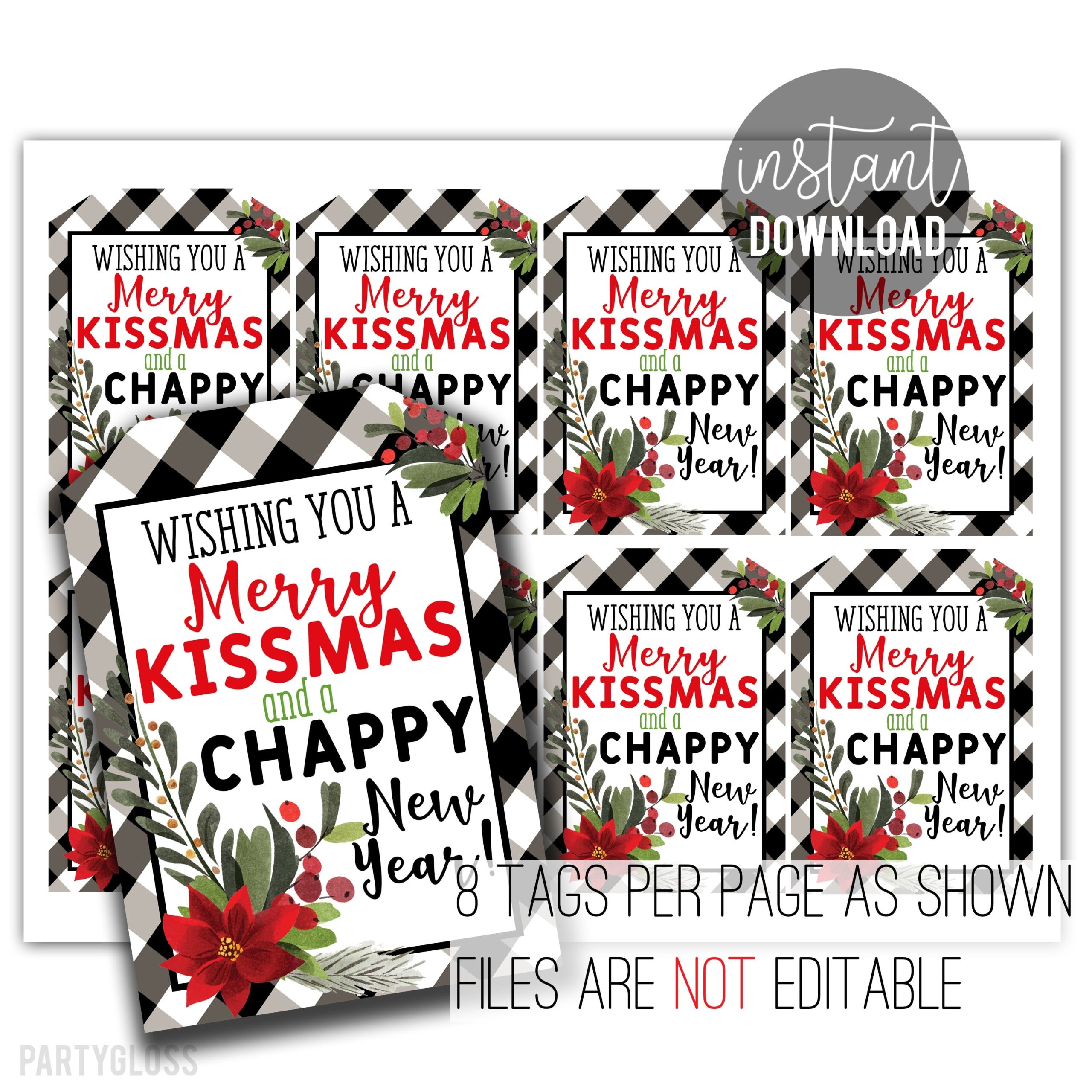 Merry Kissmas Printable Gift Tags Chappy New Year Tag Holiday Lip Balm Gifts Kissmas Lip Balm Chap Stick PTA PTSA Easy Holidays Marketing Etsy