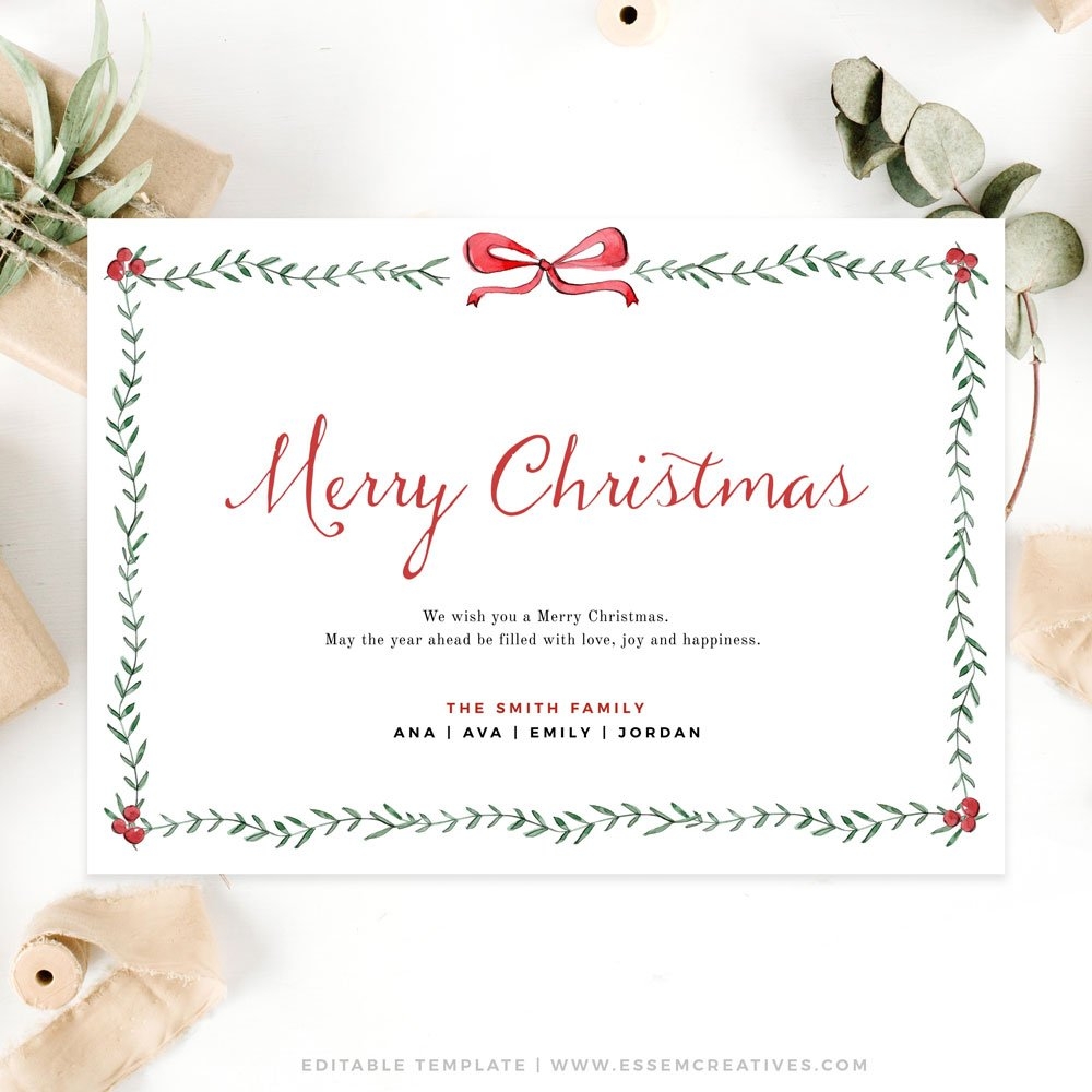 Minimal Christmas Card Template Greenery Christmas Card Border 2023 Printable Editable Holiday Card Horizontal Instant Download Corjl 489 Essem Creatives Watercolor Clipart Business Branding
