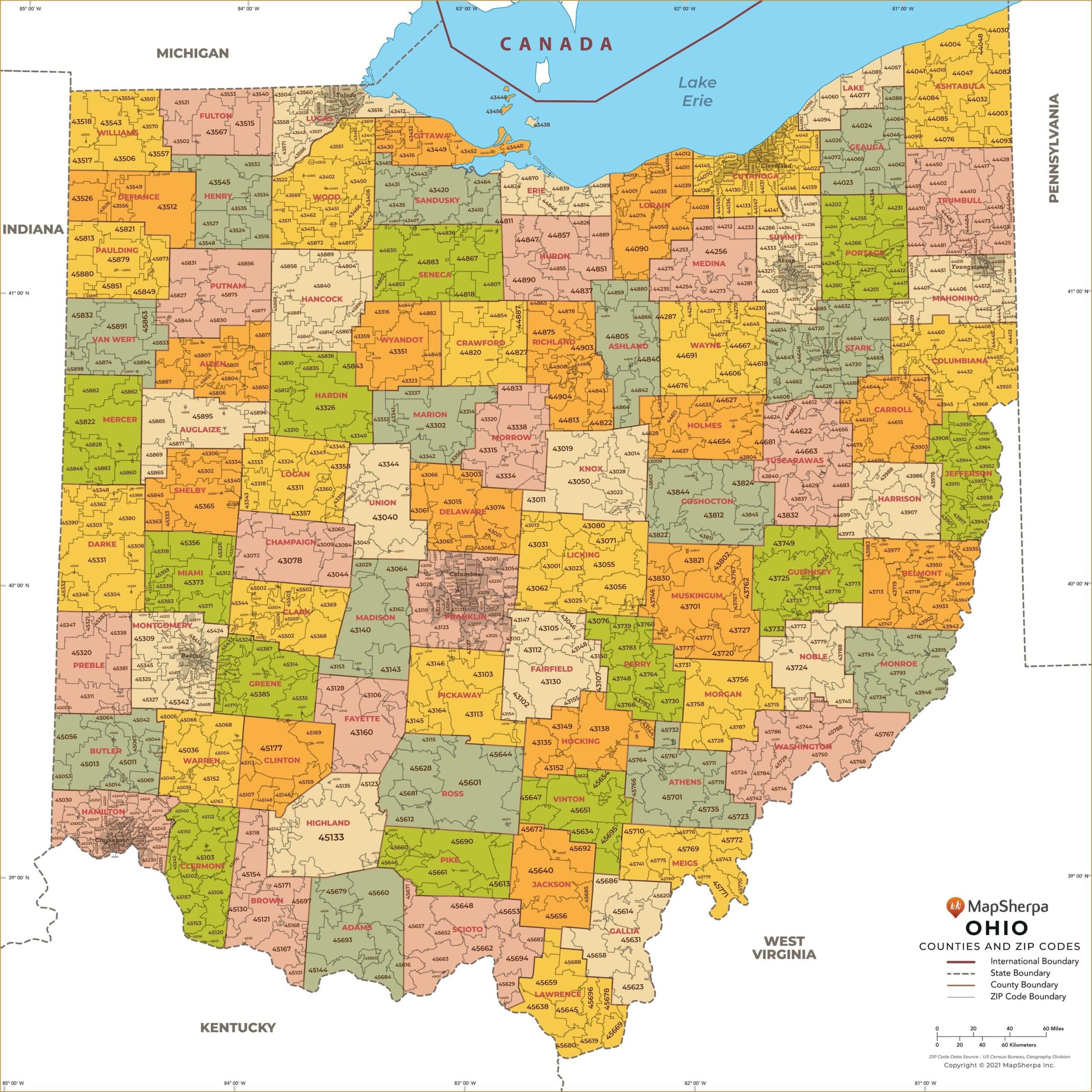 Ohio ZIP Code Map With Counties Extra Large Map Stanfords