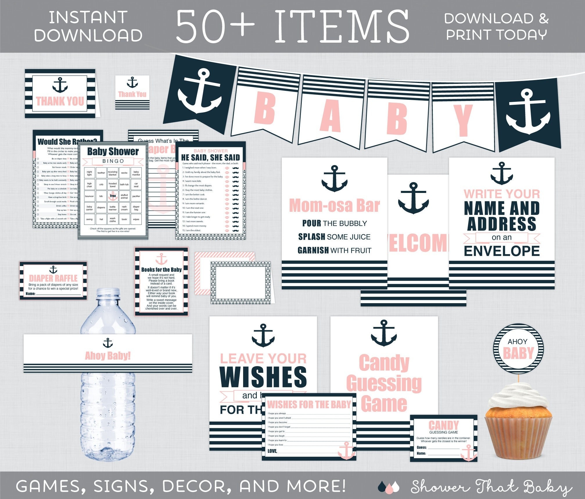 Pink And Navy Nautical Baby Shower Bundle Over 50 Printable Activities Decorations Signs Pink Navy Anchor Baby Shower Package 0029 P Etsy