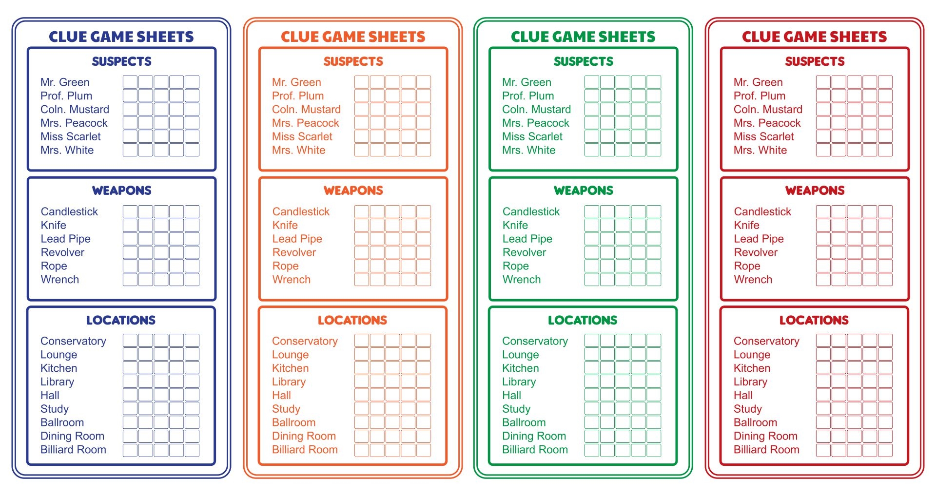 Clue Board Game Printable Sheets