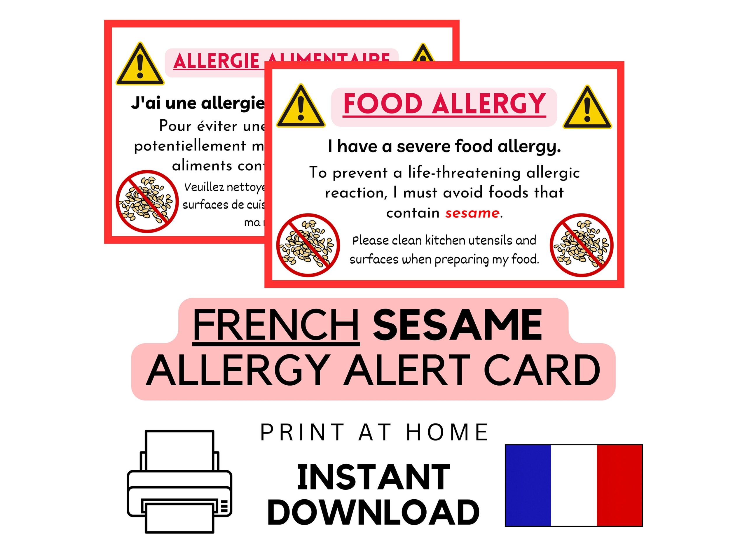 Printable French Sesame Food Allergy Card Instant Download Medical Alert ID Travel Gift Restaurant Chef Card PDF Etsy