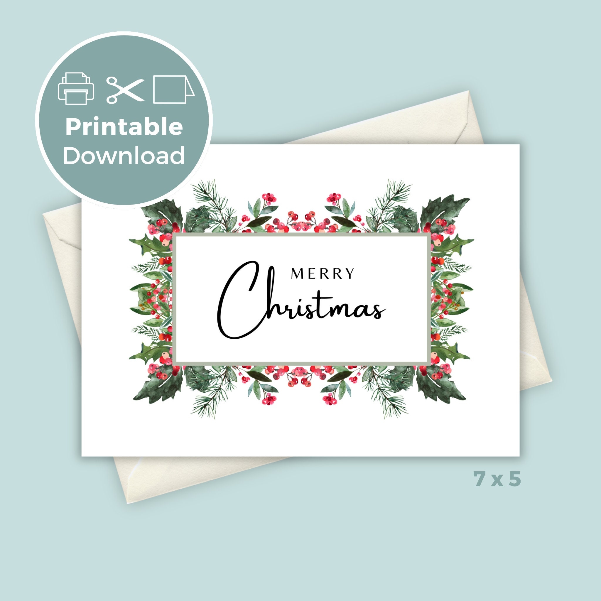 Printable Merry Christmas Card With Floral Festive Border Holiday Greeting DIY Christmas Card PDF Christmas Cards Print At Home Etsy