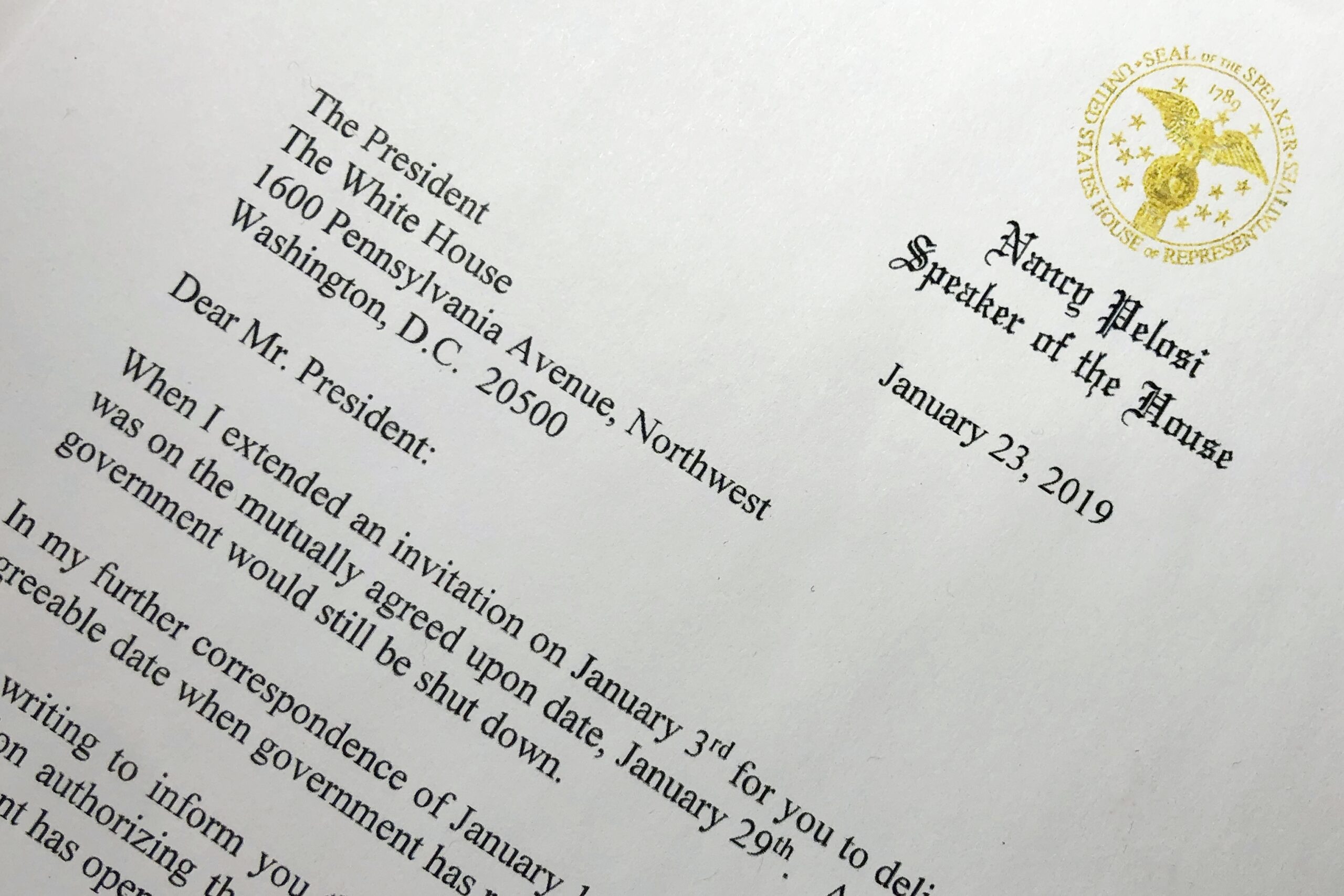 Read The Letter Nancy Pelosi Sent To President Trump On Postponing His State Of The Union Speech The Boston Globe
