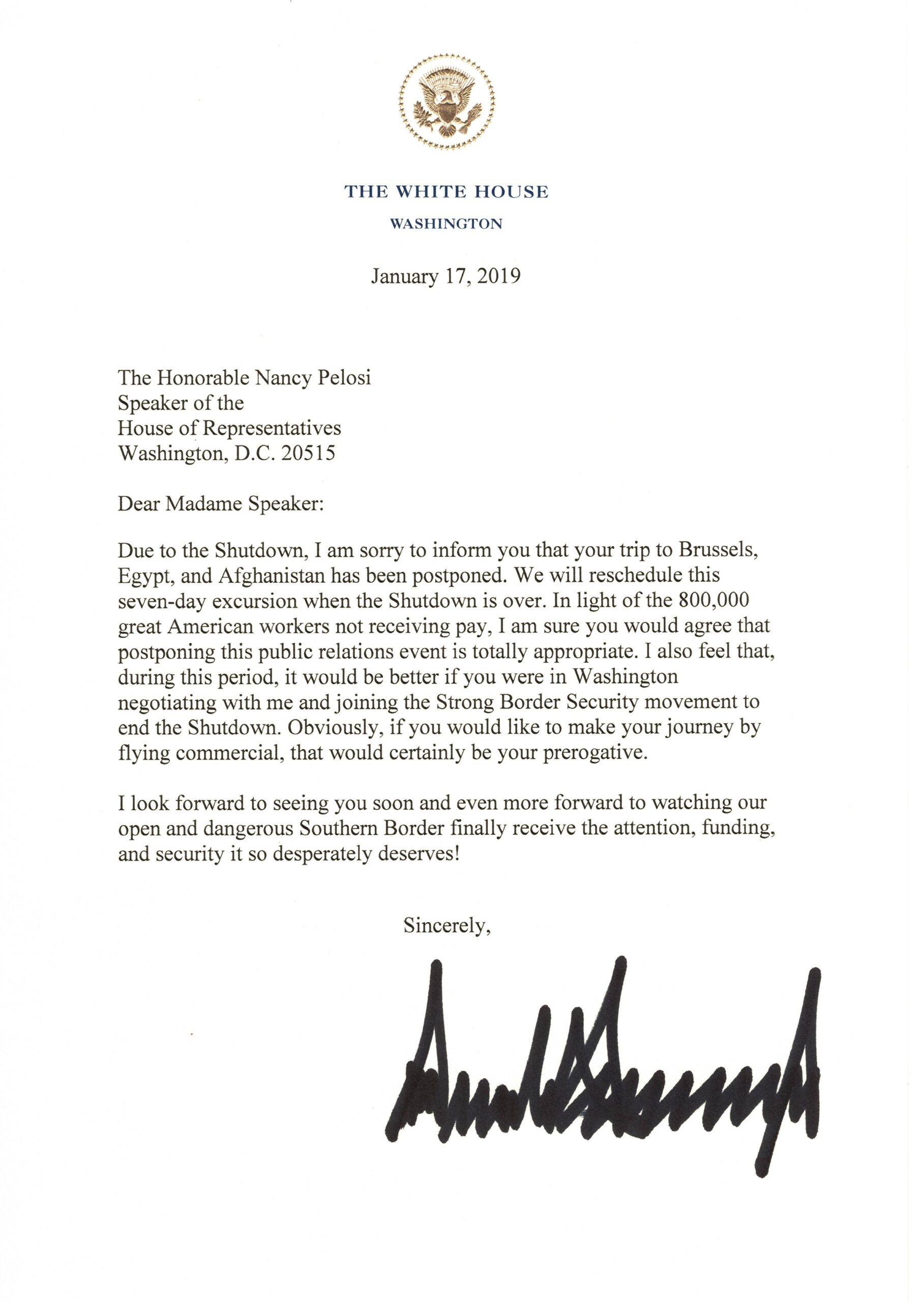 Read The Letter President Trump Sent To Nancy Pelosi In Response To Her State Of The Union Message The Boston Globe