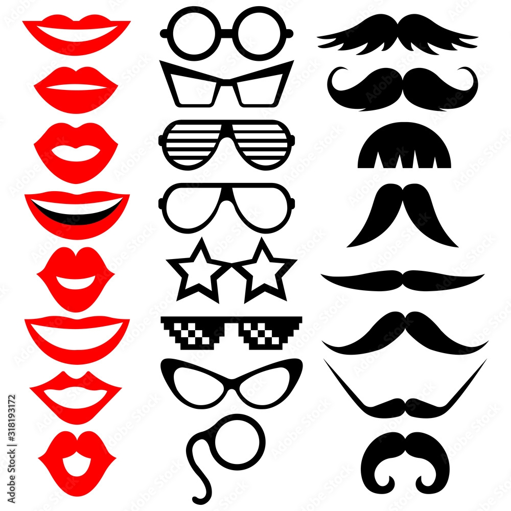 Set Of Photo Booth Props Mustache Eyeglasses Lips Vector Worksheets Library