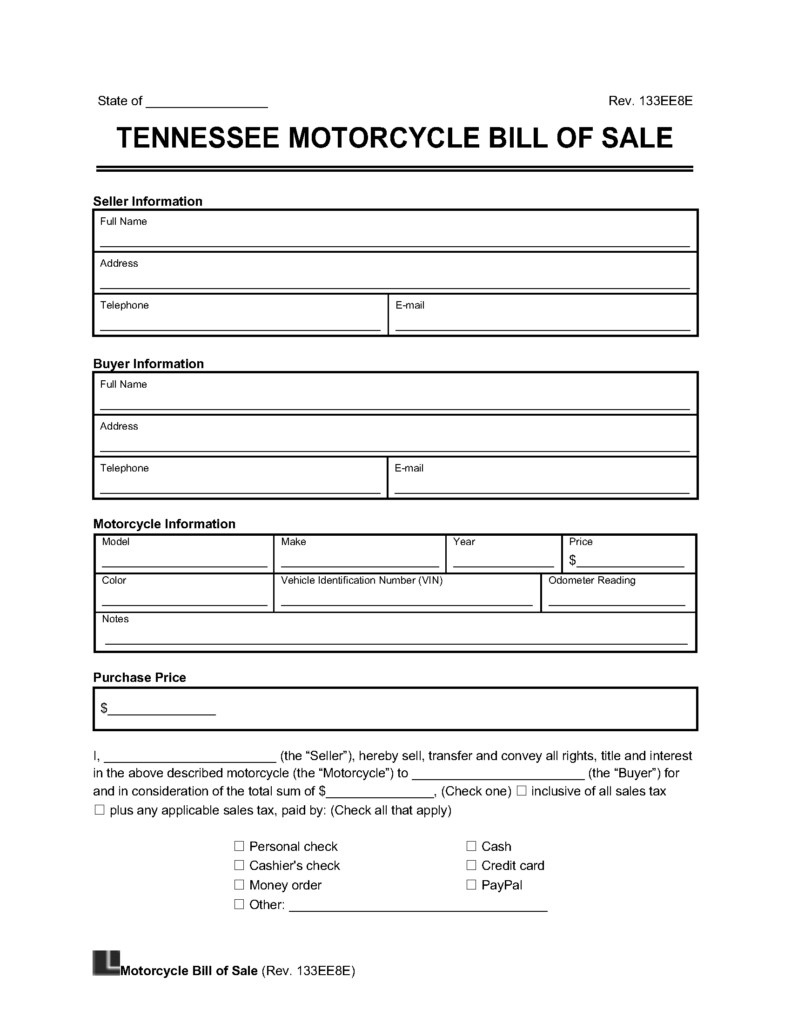 Tennessee Motorcycle Bill Of Sale Legal Templates
