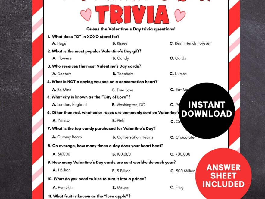 Valentine s Day Trivia Game Printable Valentine s Party Game Easy Valentine s Game For Kids And Adults Etsy