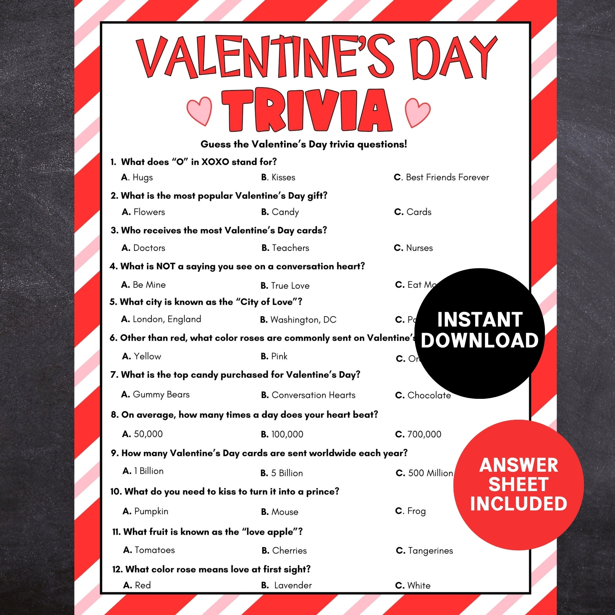 Valentine s Day Trivia Game Printable Valentine s Party Game Easy Valentine s Game For Kids And Adults Etsy