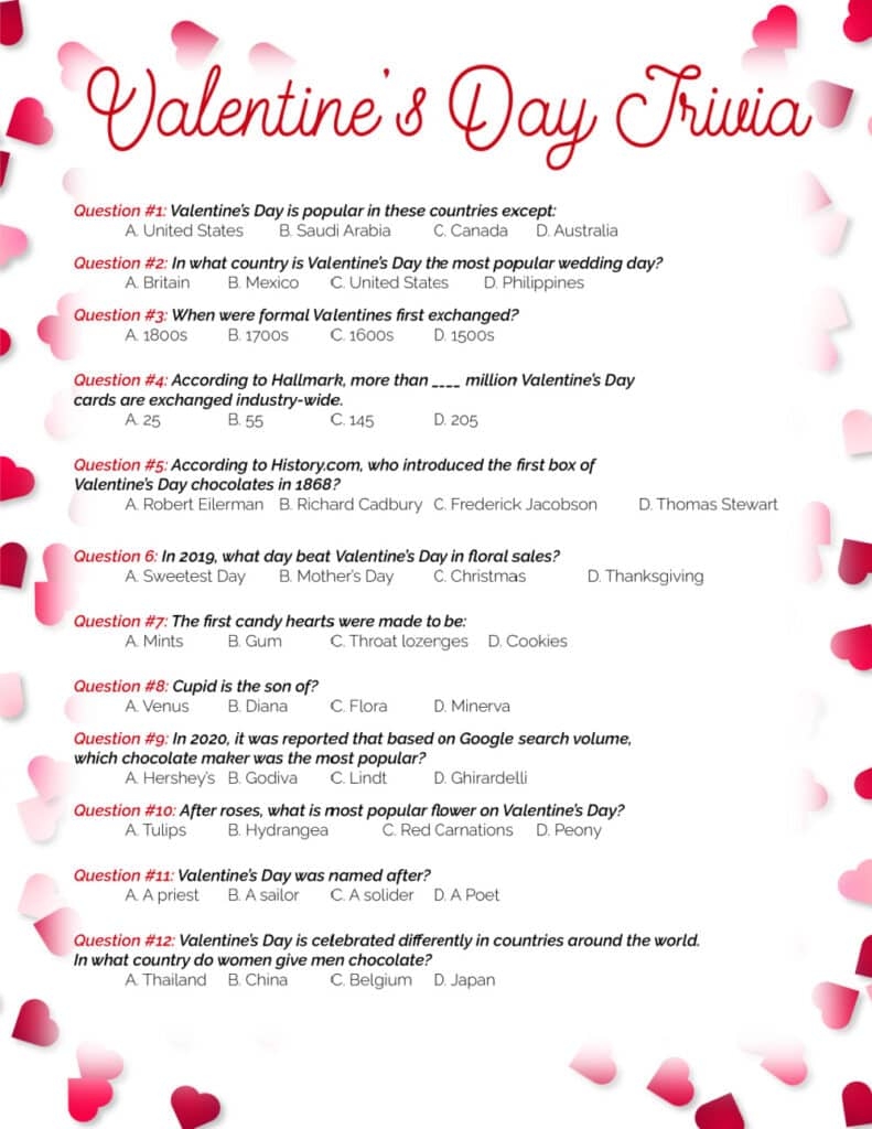 ValentineS Day Trivia Quiz Printable